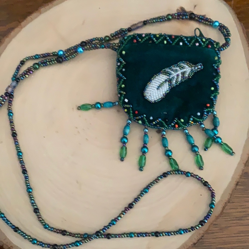 Velvet beaded medicine bag zipper compartment 3"